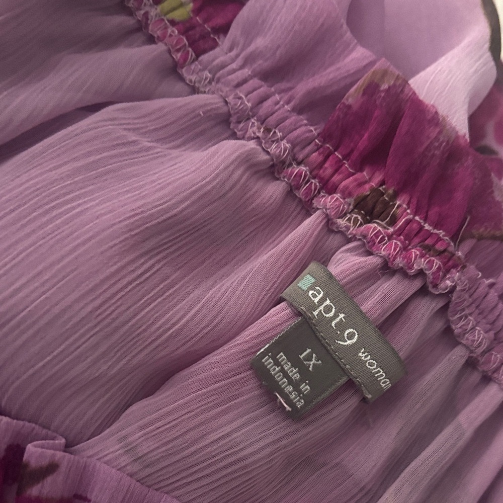 APT 9 PURPLE FLORAL PUFF SLEEVE BOW DETAIL BOHO RUFFLE PEASANT BLOUSE SIZE XL - Picture 6 of 10
